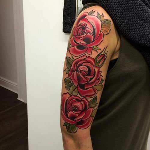 Tattoo Uploaded By Rebecca Upper Half Sleeve Rose Tattoos By Matt Webb Mattwebb Rose Neotraditional Roses Tattoodo