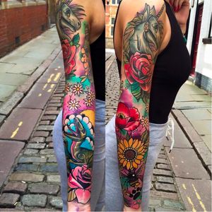 Full sleeve tattoo by Matt Webb #MattWebb #rose #neotraditional #roses #dinosaur #unicorn #poppy #sunflower #sleeve