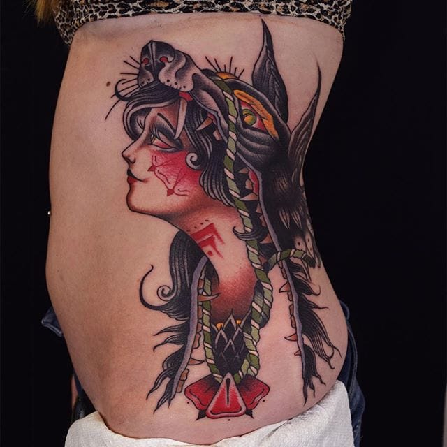 Tattoo by Herb Auerbach via @herbxauerbach #ladyhead #traditional #lady #girlhead #wolf