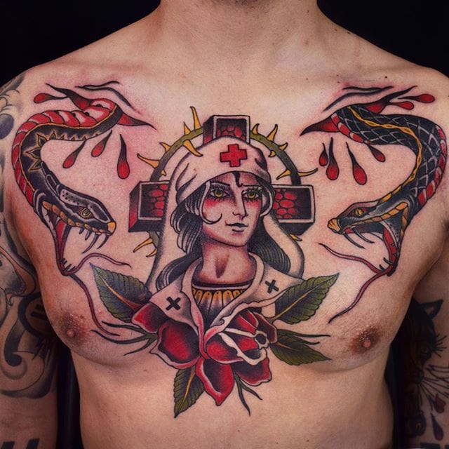 Lady head tattoo by @herbxauerbach #ladyhead #traditional #lady #girlhead #snake #nurse #rose