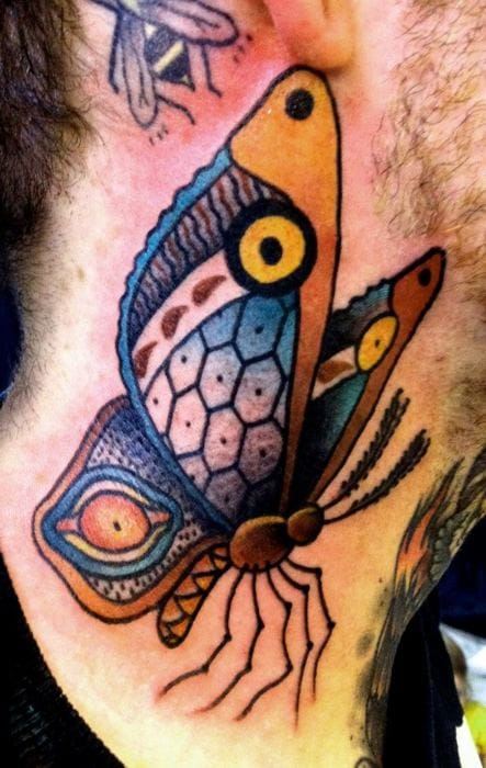 Tattoo by Sam Ricketts #butterfly #neck #SamRicketts