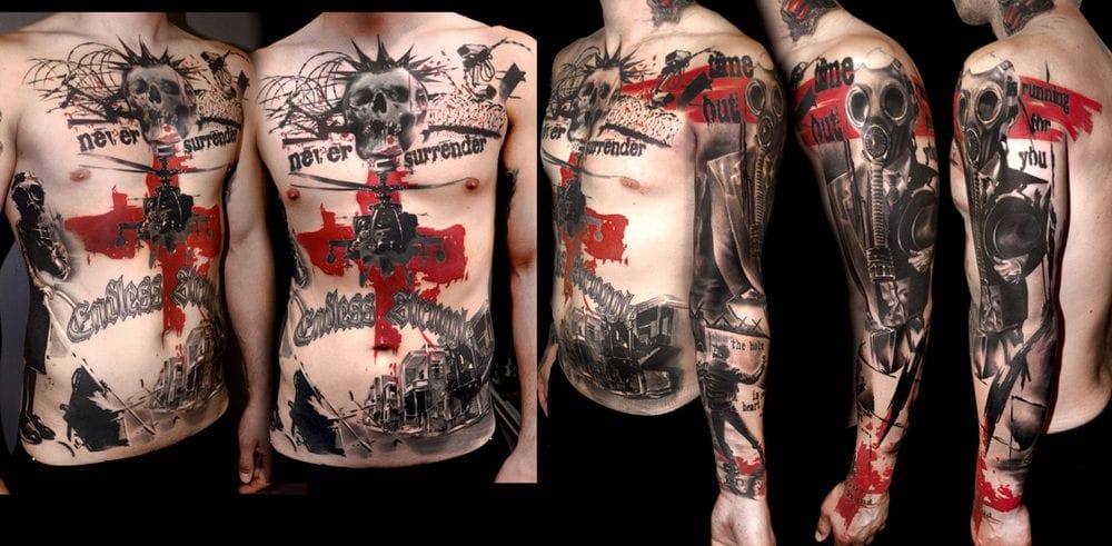 Realistic Trash Polka style tattoo