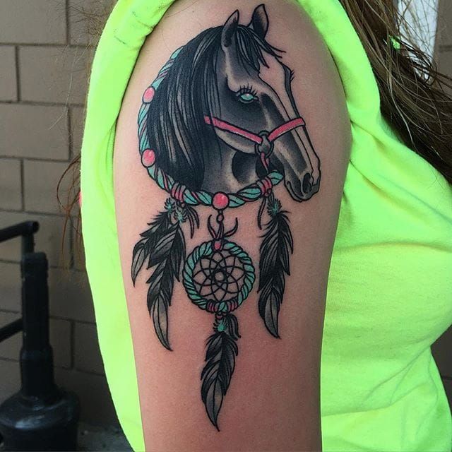 Sioux Falls Colorful Horse Dreamcatcher Watercolor Hip Feather Tattoo For  Her  Starry Eyed Tattoos and Body Art Studio