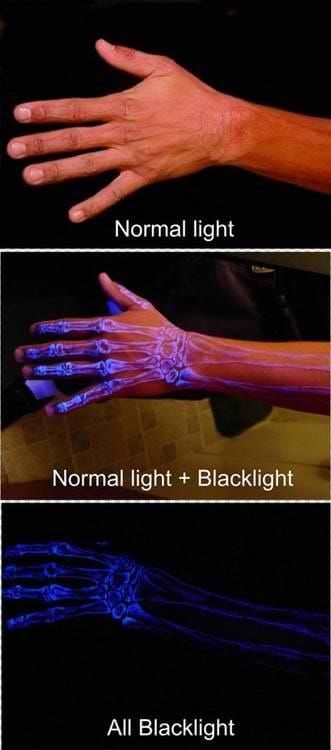 This is how a UV tattoo looks like under different light conditions.