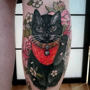 Neko tattoo by Lewis Buckley. #LewisBuckley #neko #cat #japanese #neotraditional #cherryblossom