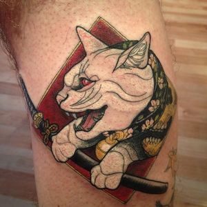 Neko tattoo by Lewis Buckley. #LewisBuckley #neko #cat #japanese #neotraditional #samurai