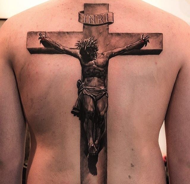 Starting the tattoos of with a bang, or Bang Bang since that's where this crucifix was tattooed. Remarkable shading complete with INRI above Christ's head, meaning "King of the Jews" in Hebrew. The detail is crazy seriously, zoom in on this thing.