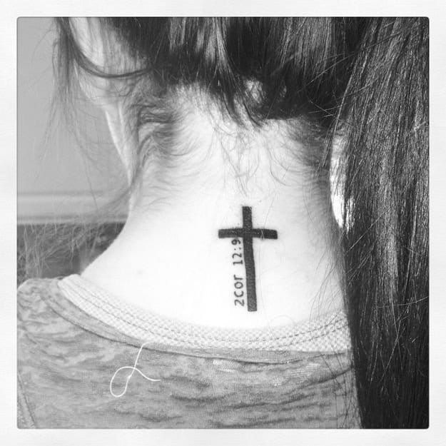 Cross and bible verse on the back of the neck.