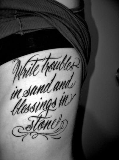 Striking font on the ribs that helps keep life in perspective.