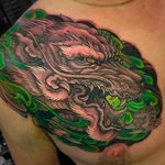 Brutal looking dragon head tattoo by Chris Crooks. #chriscrooks #dragon #japanese #japanesestyle #dragonhead