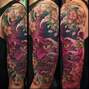 Awesome Hannya mask half sleeve tattoo by Chris Crooks. #chriscrooks #hannya #blossoms #japanesestyle #japanese #hannyamask