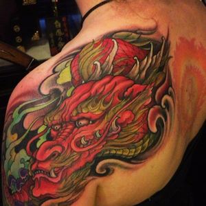 Another beautiful dragon head tattoo by Chris Crooks. #chriscrooks #dragon #ryu #japanesestyle #japanese #dragonhead