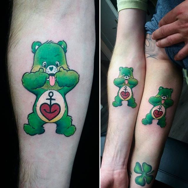 Care bear tattoo located on the shin hand poked