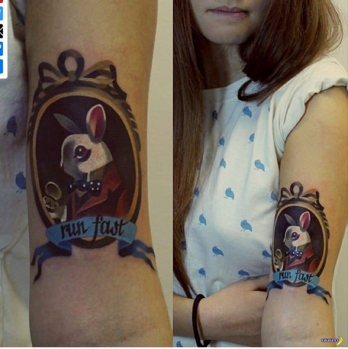 A framed watercolor Alice tattoo by Sasha Unisex.