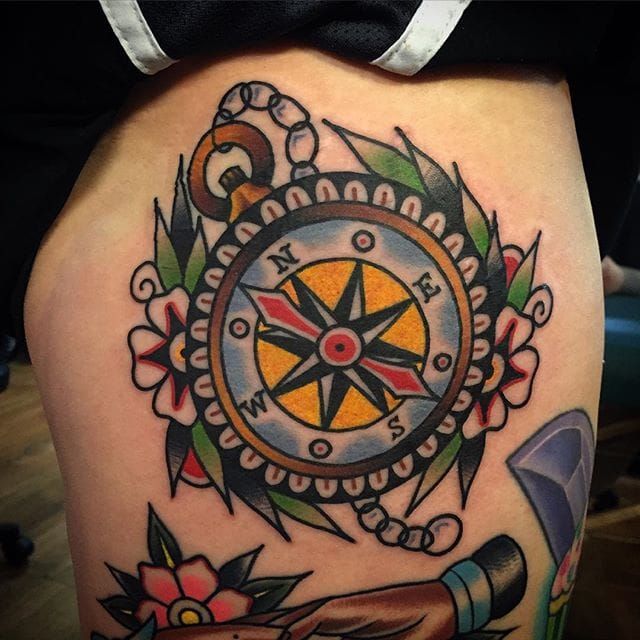 Thigh Mens Traditional Old School Compass Tattoos  Traditional compass  tattoo Compass tattoo design Tattoo designs