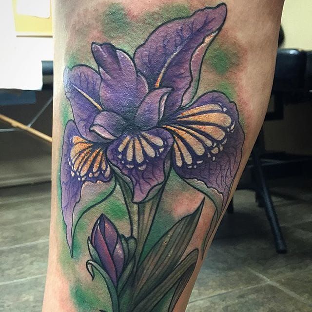 Iris Flower Watercolor Back Tattoo