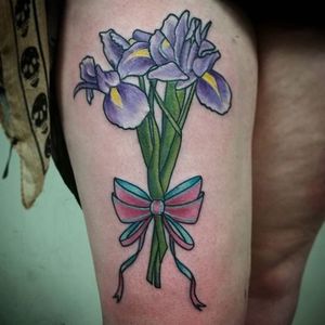 Neo traditional purple iris bouquet by Jen Moore. #neotraditional #iris #flower #bouquet #ribbon #JenMoore #floral