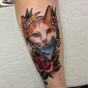 El gato Lomo y su bandana azul.  Tatuaje de Chris Jenko.  #tradicional #cat #cat #rose #redrose #flower #ChrisJenko