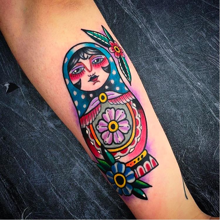 Russian doll tattoo by Saschi McCormack #traditional #color #SaschiMcCormack #russiandoll #matryoshka