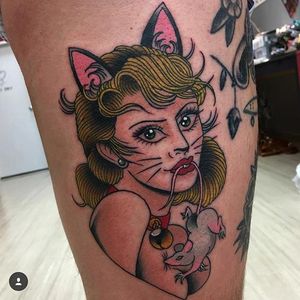 Cat lady tattoo by Sara MacNeil. #neotraditional #blonde #feline #cat #catgirl #catlady #catwoman #SaraMacNeil