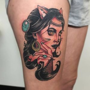Cat lady tattoo done at Black Crown Tattoo. #neotraditional #feline #cat #catgirl #catlady #catwoman #blackcrowntattoo