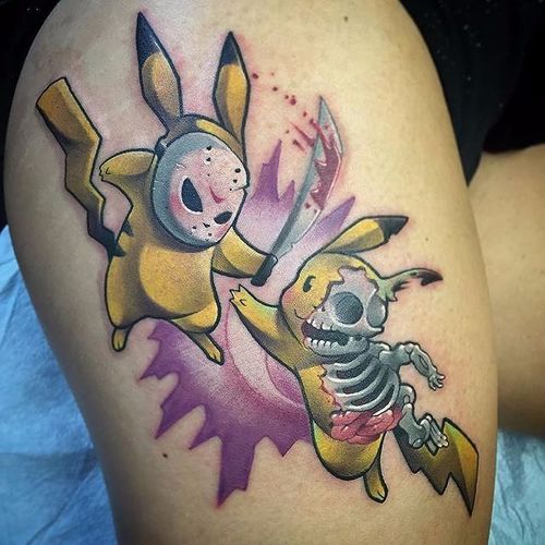 Jason Pikachu Tattoo by Brandon Flores #pikachu #pikachutattoo #pikachutattoos #pokemon #pokemontattoo #pokemontattoos #pokemongo #nintendo #nintendotattoo #game #gamingtattoo #BrandonFlores