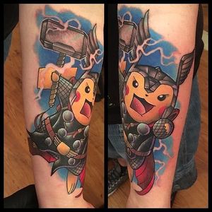 Pikachu Thor Tattoo by Andy Walker #pikachu #pikachutattoo #pikachutattoos #pokemon #pokemontattoo #pokemontattoos #pokemongo #nintendo #nintendotattoo #game #gamingtattoo #AndyWalker