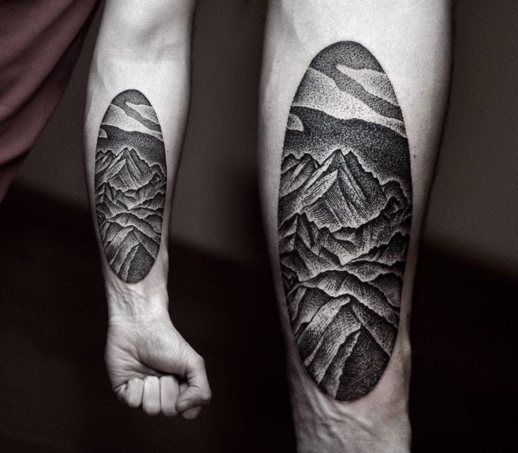 Powerful dotwork mountain tattoo by Kamil Czapiga. #mountain landscape #blackwork #btattooing #KamilCzapiga