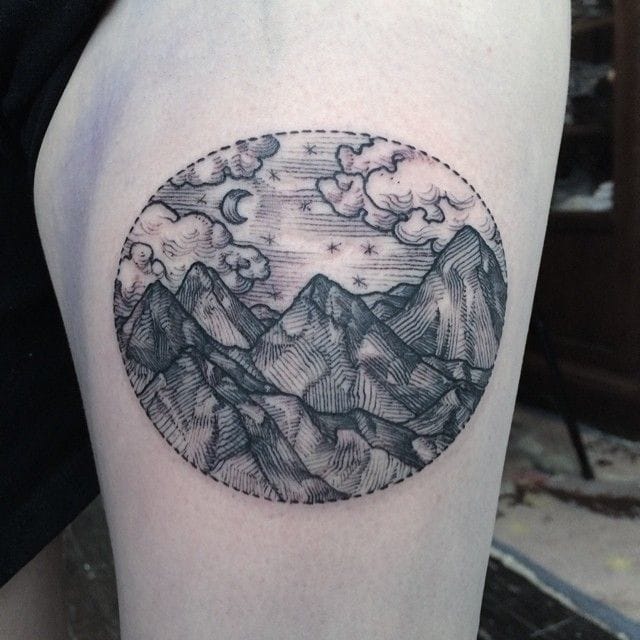 Peaceful mountain tattoo landscape by Rachel Hauer. #mountain landscape #RachelHauer #blackwork #linework #dotwork