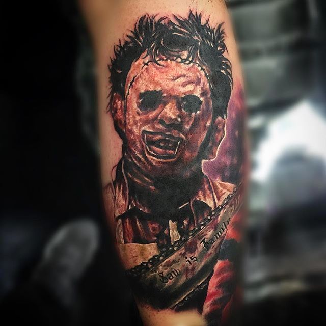 Tattoo Charlies of Lexington  1974 Texas Chainsaw Massacre poster tattoo  by ZACH he had a lot of fun doing this Hed love to do more like it come  see him soon 