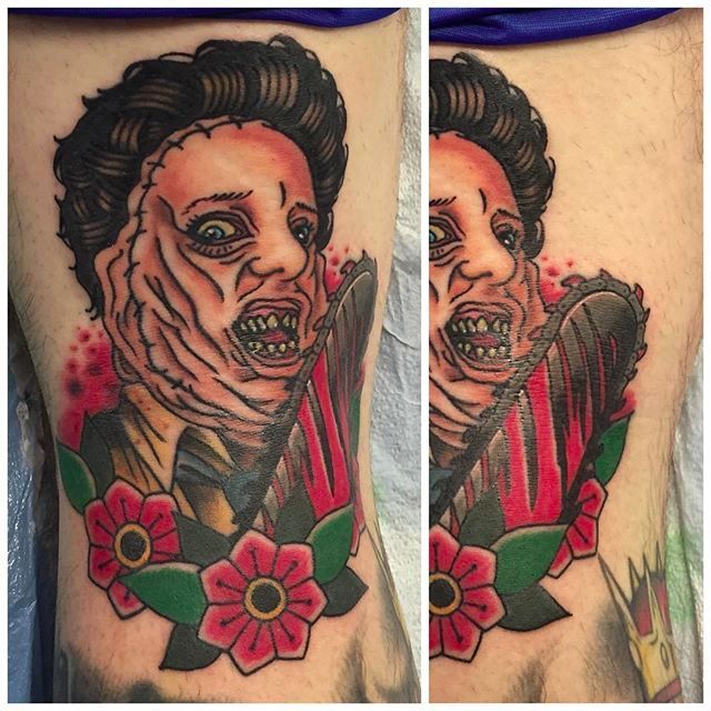 Leatherface from the Texas Chainsaw Massacre done by Kevin Davies at  Wolfs Fine Line in Joliet IL  rtattoos
