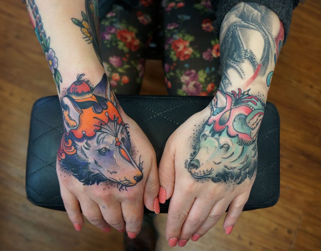 Matching wolf tattoo by Matt Lambdin #wolf #wolftattoo