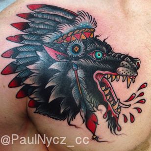 american traditional wolf chest tattoo