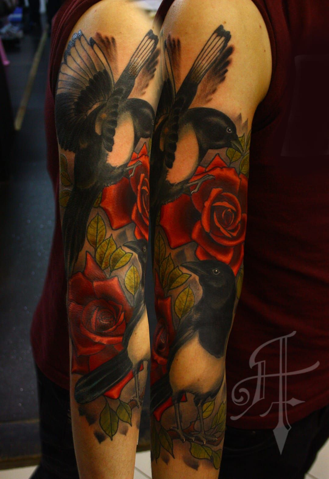 Magpie Rose Tattoo by Antony Fleming