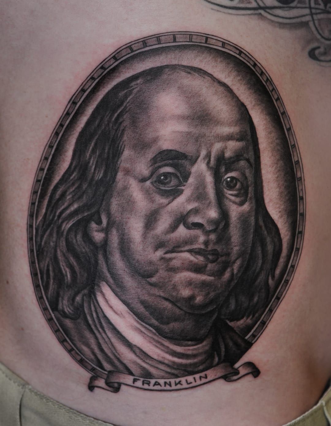 Two faced Benjamin Franklin tattoo made by Jef Wright  Hand tattoos for  guys Best sleeve tattoos Filigree tattoo