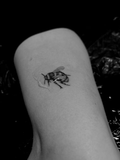 Detailed black and gray bee tattoo done by Ruth Hall, showcasing intricate micro realism style.