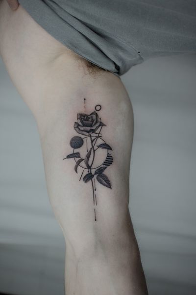 Finelined, black and grey rose composition with geometric elements 