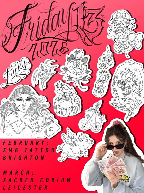 SAVE TO YOUR CALENDARS 🗓️‼️It’s every tattooers’ dream…. We’ve got 2 Friday 13ths in a row! 🪩🍻🥳So buzzing to be doing the first in beautiful Brighton with the SMB family and the second back home in Leicester with my SC homies 💖And a gentle reminder that Valentine’s Day falls the day after… Maybe you’ll see some lovey dovey themed flash too 😘Tatts available from as little as £31 cause that’s tradition 💸Taking advance bookings for both flash days NOW if you want to call dibs on a slot- all flash on the first page is non-repeatable, the rest is repeatable, so if you’ve got your eye on anything now’s the time to lock it in! 🔓Friday 13th February- Saturday 14th February:@smbtattoo BRIGHTON 🖤🩷Friday 13th March:@sacred_corium_tattoo LEICESTER 🩶🩵See you there 🫡#friday13thtattoo #flashdaybrighton #flashdayleicester #tattooflash #friday13