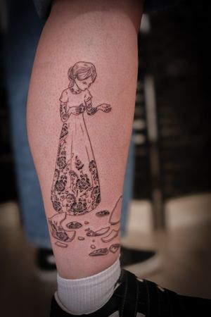 Exquisite illustrative tattoo featuring a girl with intricate patterns, created by the talented artist Steffan Eagle.