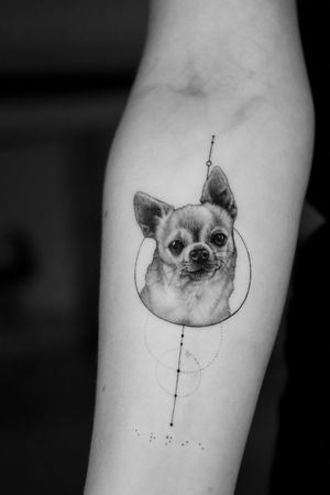 Black and gray fine line tattoo of a realistic dog portrait, beautifully rendered with geometric shapes by Light Grays.