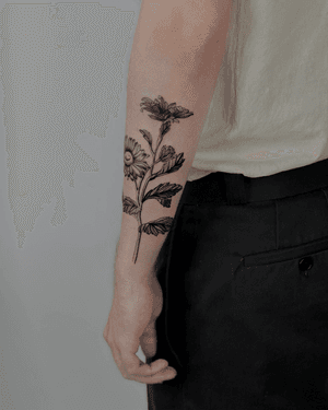 Blackwork floral tattoo by Alona Hamova featuring intricate etched botanical design.