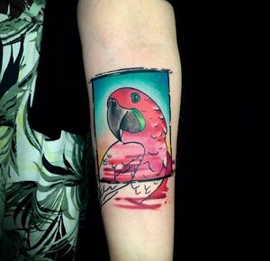 Get a stunning new school watercolor bird tattoo on your forearm by the talented artist Sandro Secchin.