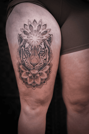 Experience the power and beauty of a tiger intertwined with intricate mandala patterns in this stunning black and gray dotwork tattoo by Steffan Eagle.