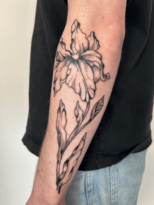 Detailed black and gray floral tattoo by Jack Howard inspired by woodcut and engraving style.