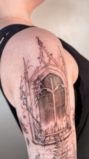 Fine line black and gray tattoo of a detailed gothic window architecture sketch by Alex Caldeira.