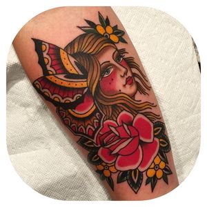 #traditional #traditionaltattoo #ladyhead #butterflytattoo