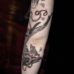 This black and gray tattoo features a snake, bird, swallow, and moth in the style of artist Lauren Marx, expertly done by Sasha Davydova.