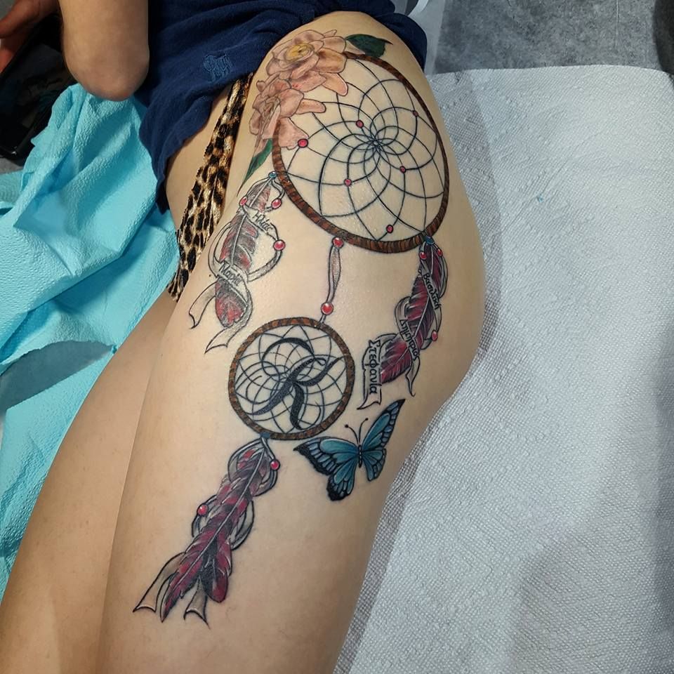 Natasha Vazquez Tattoos  Colorful Dream catcher with paw prints and a  butterfly I had a alote of fun with the concept and the color  Call for  your next tattoo Legacy