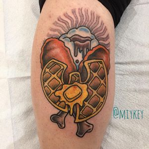Chicken and waffles! Tattoo by Miykey, follow #nyhc #newyorkhardcore #nyhctattoos #newyorkhardcoretattoos #miykey #traditional chickenandwaffles #tattoo #wutang #wutangclan #traditionaltattoo #tradworkerssubmission #tradworkers #realtattoos #realtraditional #oldlines
