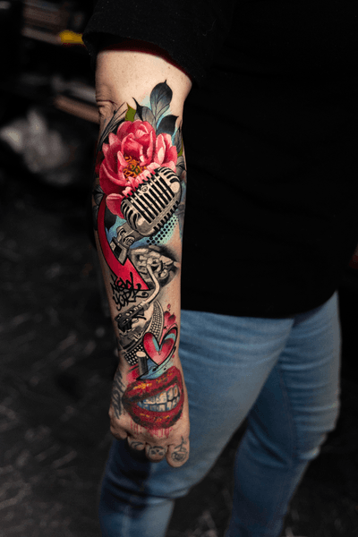 Vintage microphone and peonies tattoo